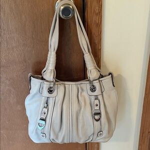 B. Makowsky Leather Ivory Shoulder Bag with Silver Details